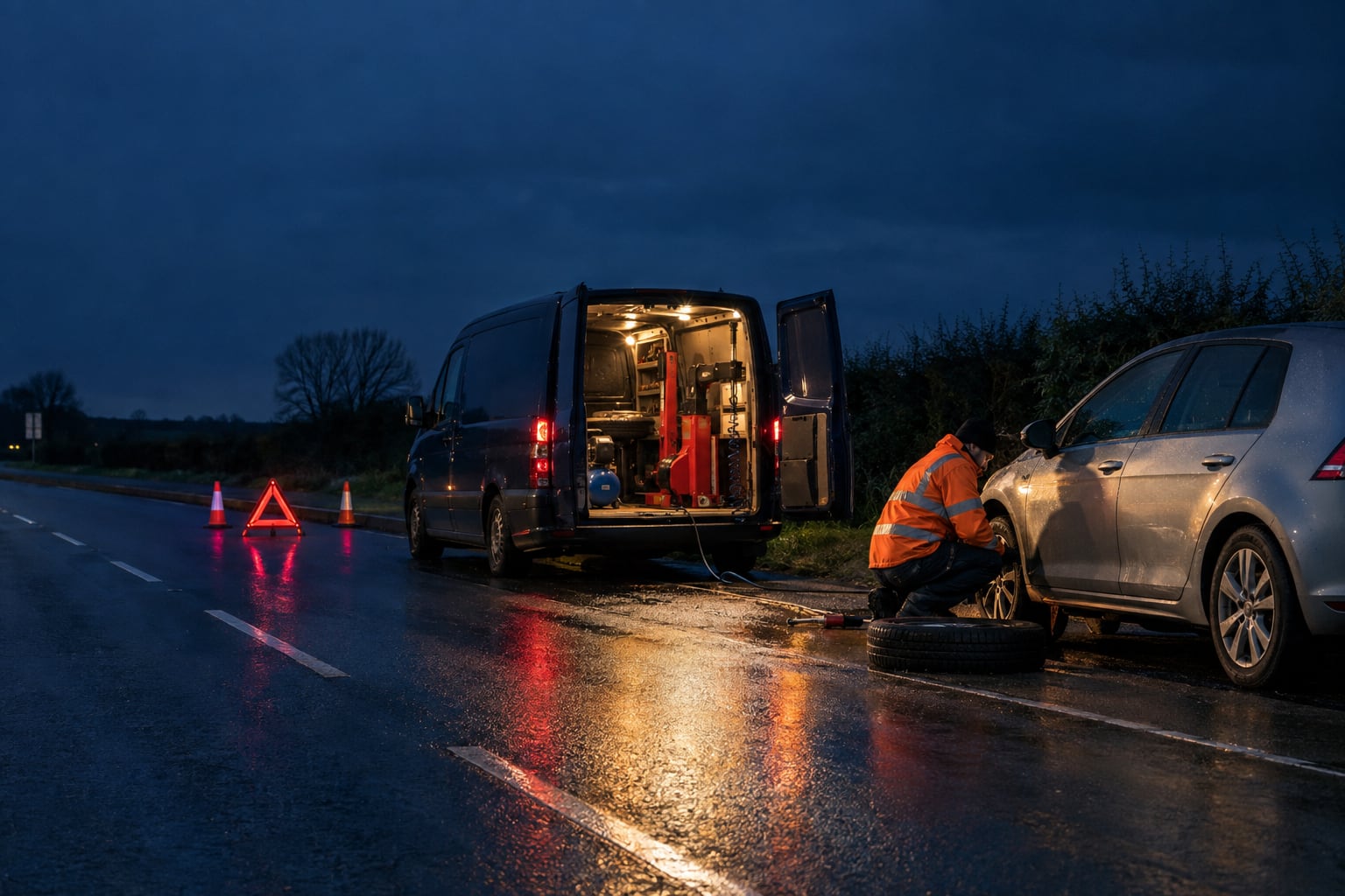 Our mobile tyre van at a roadside call-out at dusk